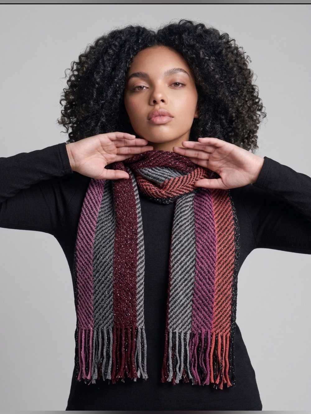 Striped Multicolor Fringe Scarf - Black, Gray, Burgundy & Pink
